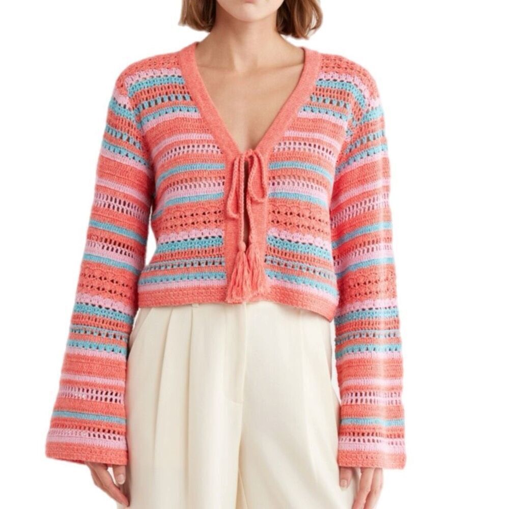 NWT Ramy Brook Madge cotton stripe cardigan in pink/coral hues Size XS